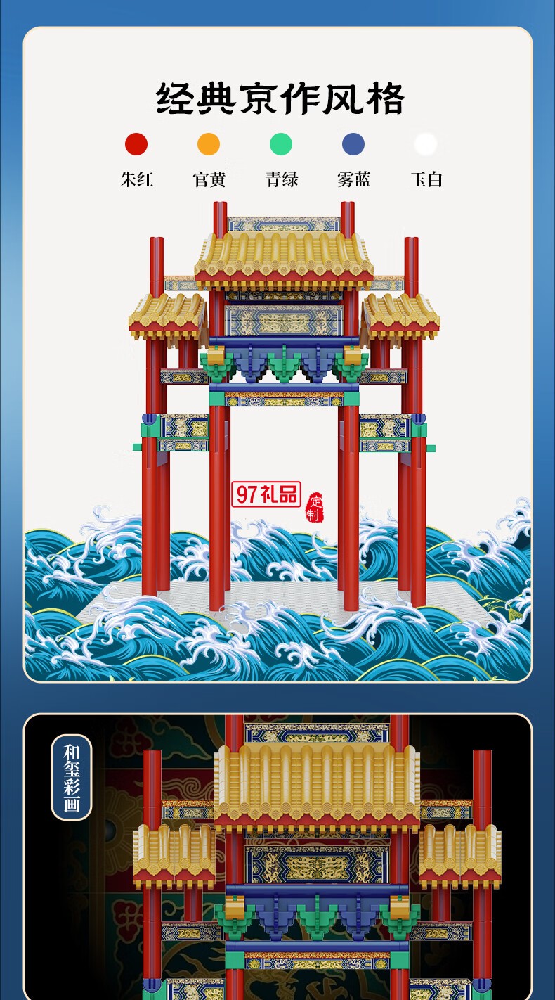 魚(yú)躍龍門牌坊故宮榫卯積木玩具中國(guó)風(fēng)古建筑潮玩禮物拼裝模型diy